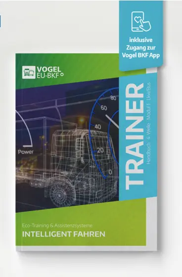 VOGEL EU-BKF Trainer für Modul 1 „Intelligent Fahren“ mit Lkw-Grafik zu Eco-Training und Assistenzsystemen.
