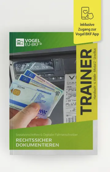 VOGEL EU-BKF Trainer für Modul 2 „Rechtssicher Dokumentieren“ mit Fahrerkarte und digitalem Fahrtenschreiber.
